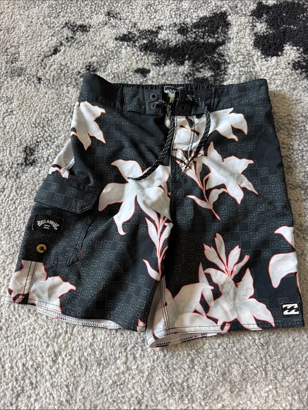 Kids Billabong  Black Swim Board Shorts with White & Pink Floral Print